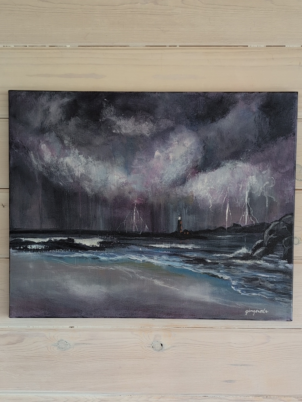 Stormy Lighthouse Seascape New Original Acrylic Painting Artist Signed Canvas